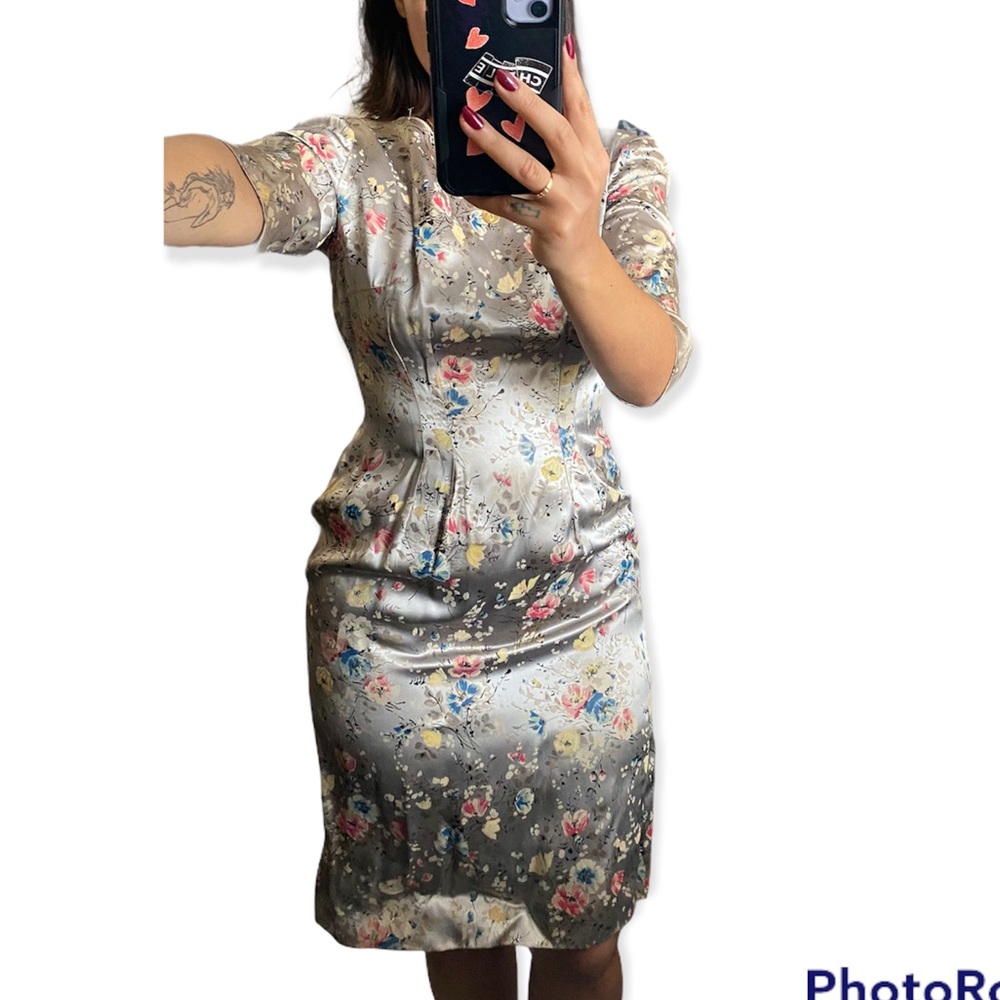 Vintage 1960s Silk Satin Dress Sheath Devoré Floral Medium - Picture 8 of 8